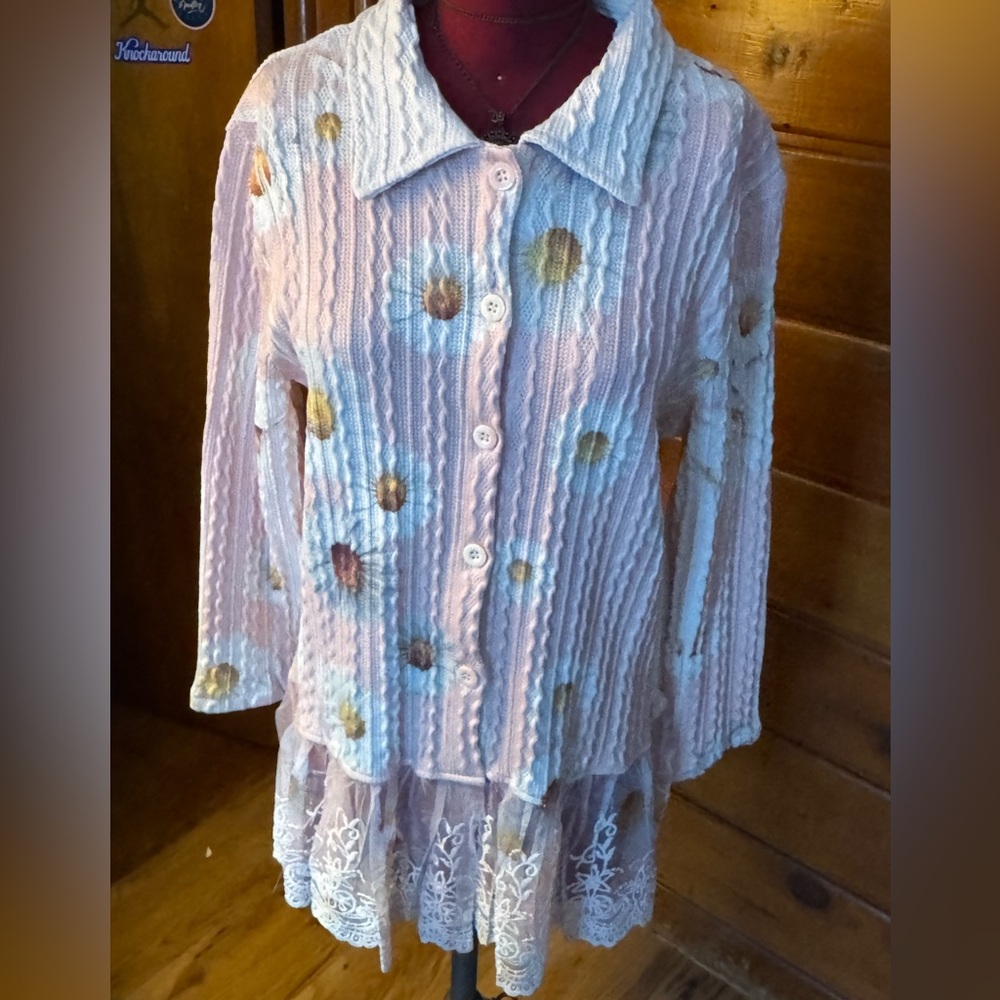 ORIGAMI NWOT Floral Lace Trim CARDIGAN TUNIC